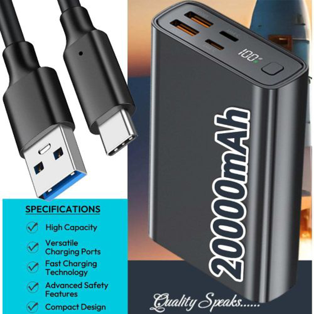 PD 22.5W Super Fast Charging Power Bank Digital Dual USB 20000mAh-Black